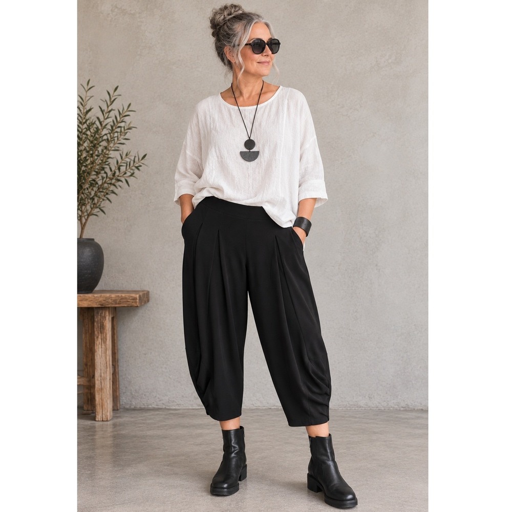 Lisa Bayne Pleated Lantern Pants XXL Black Pull‎ On Cropped Slinky Lagenlook USA